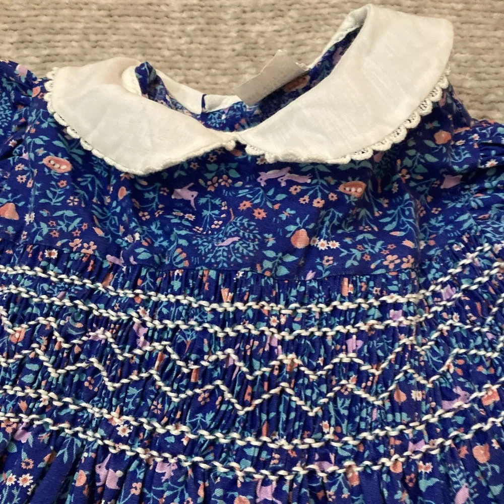 Vintage The Smockery Bunny Rabbit Floral Dress Sz 4 Easter Smocking‎ Long Sleeve